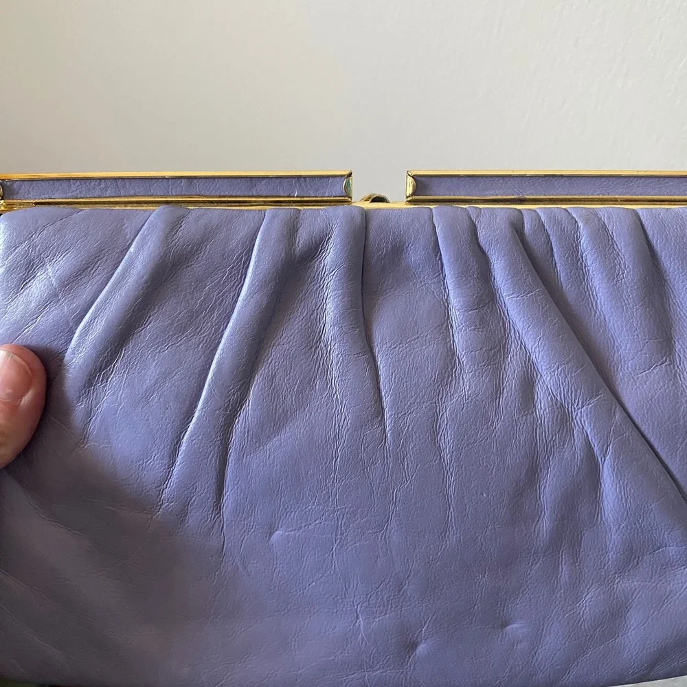 Elbief Vintage Gold Frame Periwinkle Leather Ruched Clutch Evening Bag Purse‎